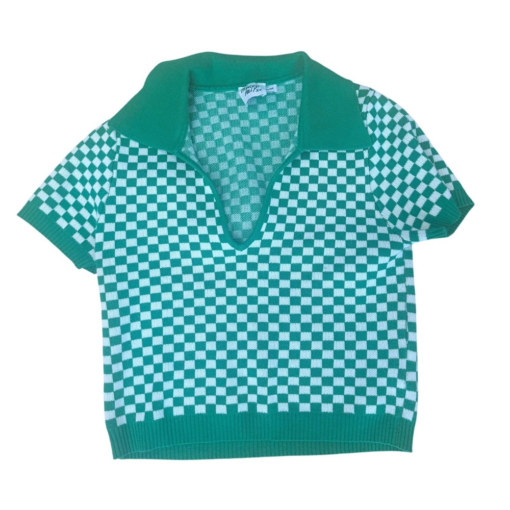 Princess Polly Green Checkered Knit Polo Top Short Sleeve V-Neck Cropped S/M